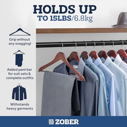 ZOBER Wooden Hangers - Heavy Duty, Non Slip Wood Hangers for Coats, Jackets, Suits, & Pants - Coat Hangers for Closet W/Bar and Notches 20 Pack