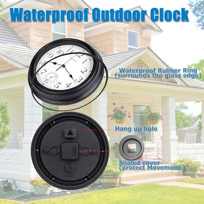 12 Inch Retro Indoor Outdoor Clocks Waterproof with Thermometer Easy to Read Silent Quality Quartz Vintage Bathroom Clock Battery Operated for Patio,Home,Garden Decor (Bronze)