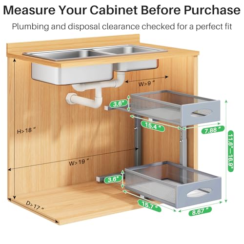 2 Pack Under Sink Organizer, 2 Tier Pull out Cabinet Organizer Mesh Baskets with 5 Adjustable Heights, Sliding Drawers Storage Shelf for Home, Kitchen, Bathroom, Pantry, Office, Countertop ,Grey