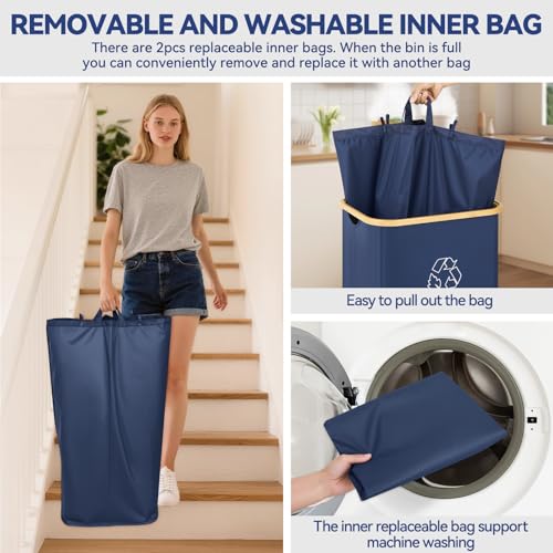 Recycling Bin for Kitchen, 26 Gallon 100L Indoor Home Recycle Bin with Lid and 2 Removeable Reusable Inner Bags, for Bottles, Cans, Glass, Plastic & Stickers, Blue