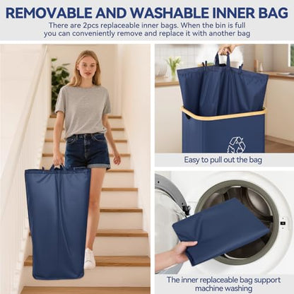 Recycling Bin for Kitchen, 26 Gallon 100L Indoor Home Recycle Bin with Lid and 2 Removeable Reusable Inner Bags, for Bottles, Cans, Glass, Plastic & Stickers, Blue