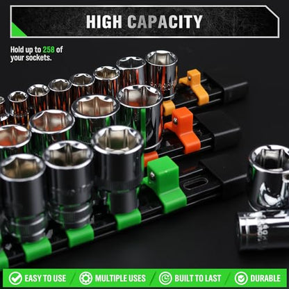 SWANLAKE Socket Organizer Set 18-Piece, 1/4-Inch x 96 Clips, 3/8-Inch x 90 Clips, 1/2-Inch x 72 Clips, Socket Organizer for Tool Box Drawer, Drive Socket Trays, Socket Holder Clip Rail
