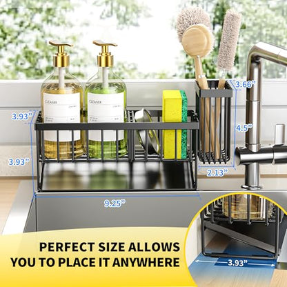 Sink Caddy Sponge Holder for Kitchen with Brush Holder and Stainless Steel Self Drain Tray, Rustproof Kitchen Sink Organizer for Sponge, Soap Dispenser Storage Accessories