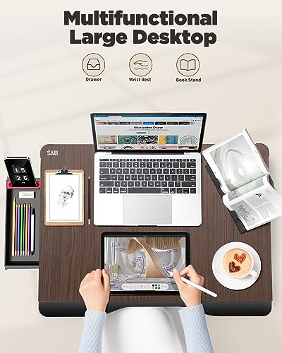 SAIJI Laptop Desk for Bed, XX-Large Foldable Bed Tray Table, 25.6" x 19.3" | Laptop Table for Eating Breakfast, Writing Working Gaming Drawing with Storage Drawer, Bookstand, Tablet Stand, Black Cherry