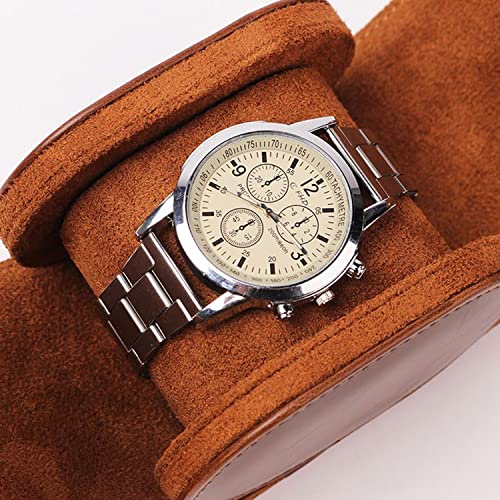 Watch Roll Travel Leather Case - Brown Single Watch Gift Box with Pillow for Men, Storage Organizer & Solid Dividers for Home Storage,Anniversary Birthday