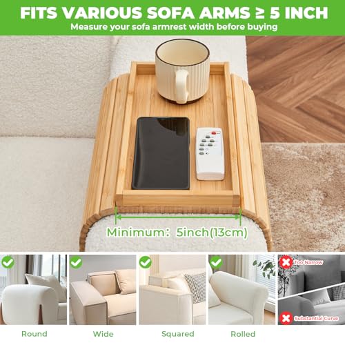 Bamboo Sofa Arm Tray, Anti Falling Couch Arm Tray Table, Foldable Couch Armrest Table, Portable Sofa Armrest Trays Cup Holder for Drink, Cups, Phone, Snacks, Remote