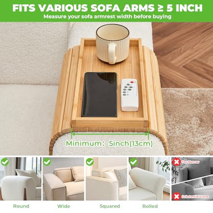 Bamboo Sofa Arm Tray, Anti Falling Couch Arm Tray Table, Foldable Couch Armrest Table, Portable Sofa Armrest Trays Cup Holder for Drink, Cups, Phone, Snacks, Remote
