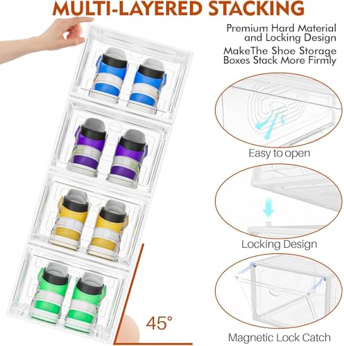 10 Pack Thicken Shoe Organizer Stackable | Upgraded Sturdy Shoe Storage Box with Magnetic Door,Shoe Containers For Sneaker Display,Hat Organizer,White