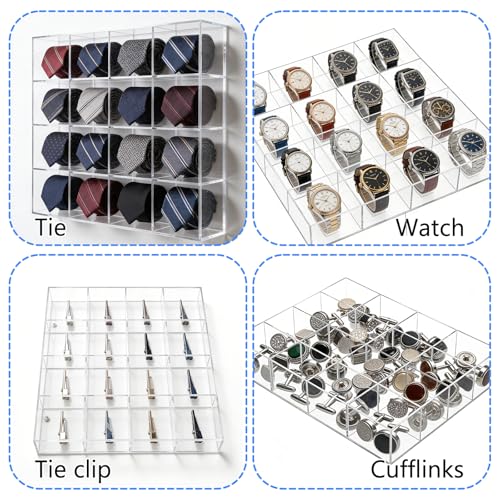 2 Pack Tie Box Organizer Wall Mounted Tie Rack Clear Acrylic with 16 Compartments, Tie Holder for Drawer Tie Organizer for Men Belt Scarf Necktie Storage for Closet and Home