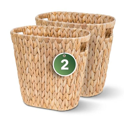 iEGrow 2 Pack Wicker Trash Can, Wicker Waste Basket for Bathroom, Woven Water Hyacinth Wicker Boho Garbage Can Built-in Handles for Bedroom, Office, Decor Home, Kitchen, Living Room (Oval)