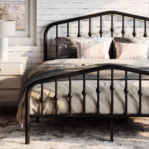 Queen Metal Bed Frame with Wrought Iron-Art Headbo... (Black | Metal)