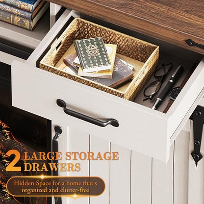 Jocoevol 58" Farmhouse Electric Fireplace TV Stand for TVs up to 65", Entertainment Center with 2 Large Storage Drawers, Sliding Barn Doors, Adjustable Shelves, TV Console for Living Room - White