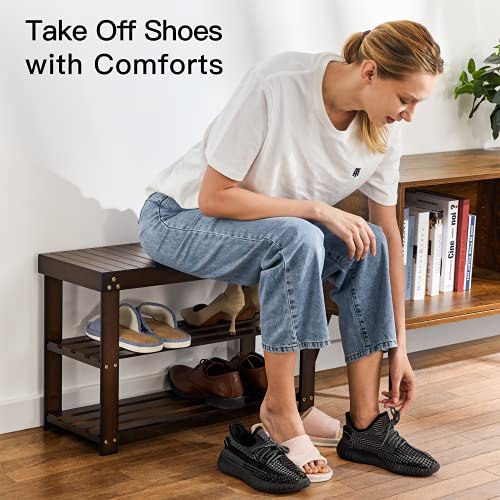 Pipishell Bamboo Shoe Rack Bench, 3 Tier Sturdy Shoe Bench, Storage Shoe Organizer, Holds up to 300lbs for Entryway Bedroom Living Room Balcony, Brown