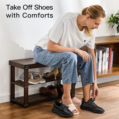 Pipishell Bamboo Shoe Rack Bench, 3 Tier Sturdy Shoe Bench, Storage Shoe Organizer, Holds up to 300lbs for Entryway Bedroom Living Room Balcony, Brown