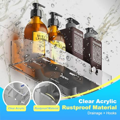 Acrylic Shower Shelves 3 Pack, Clear Adhesive Shower Caddy Organizer, Rustproof No Drill Wall Mount Bathroom & Kitchen Storage Rack