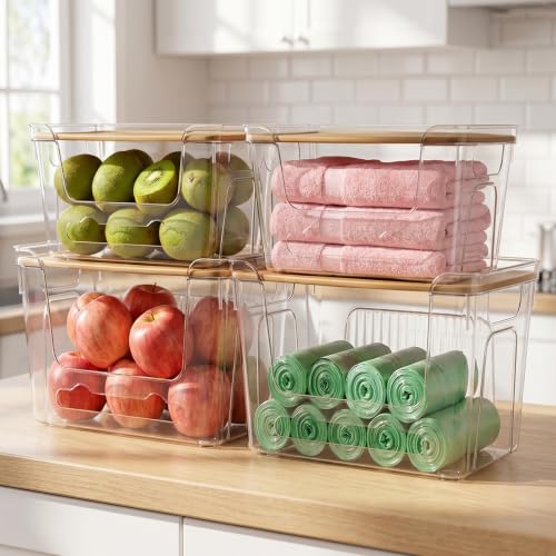 CANTAMI Plastic Trash Bag Dispenser with Lids, Stackable, 4Pack, 2XL+2S | Clear Trash Bag Organizer for Kitchen, Laundry Room, Under Sink Organization and Storage