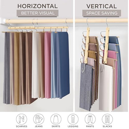 Pants Hangers Space Saving - 2 Pack European Beechwood Scarf and Jean Hangers - Closet Organizer and Space Saver Pant Rack, Leggings Hanger, and Scarf Holder with 360° Swivel Hook
