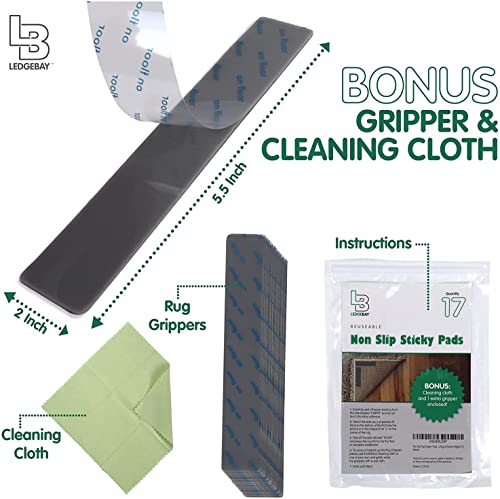 Rug Gripper for Hardwood Floors, Reusable Rug Tape, 17 Pack | Adhesive Rubber Pads, Square 90-Degree Corners, for Hardwood, Laminate, LVP and Tile, Trims to Fit
