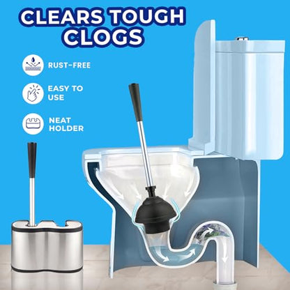 Toilet Brush and Plunger Set, Satin Nickel, Long Handle Freestanding | Satin Nickel, Toilet Brush + Plunger Combo, No-Rust Stainless Steel, Long Handle, Freestanding Canister