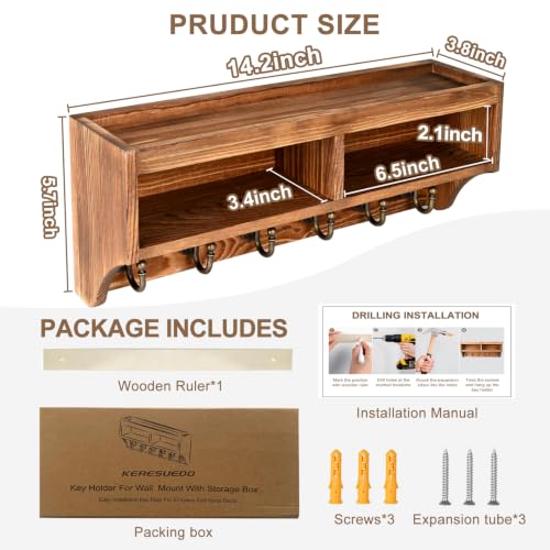 Key Holder Wall Mount with Mail Organizer, 6 Hooks & Shelf, Brown | Wood Key Holder Wall Mount with 6 Key Hooks, Shelf & Storage Box and Mail Organizer for Entryway, Apartment, Home and Office
