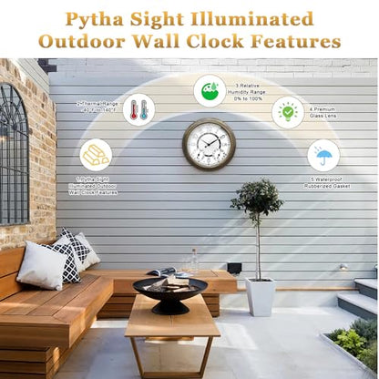 Pytha Sight 15 Inch Metal Illuminated Outdoor Clocks for Patio Waterproof | 15 Inch Large Outdoor Wall Clock Waterproof with Auto Light Smart Sensor,Thermometer & Hygrometer for Patio,Pool,Garden,Porch
