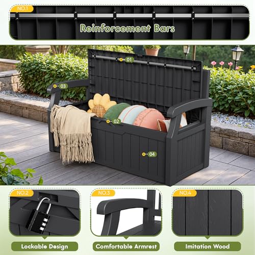 Greesum 80 Gallon Outdoor Storage Bench Deck Box,Black | with Cushion & Armrest, Lockable, Waterproof UV Resistant, Comfortable Seating for Patio, Pool, Garden