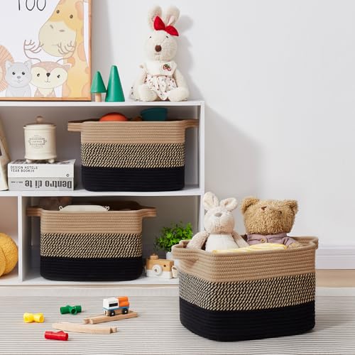 OIASKET Storage Basket for Organizing, Woven Baskets for Storage, Rectangle Decorative Baskets for Shleves, Closet, Toys, Books, Nursery Organizer Bins - Pack of 3 (Black & Brown, 13"x9.85"x8.7")