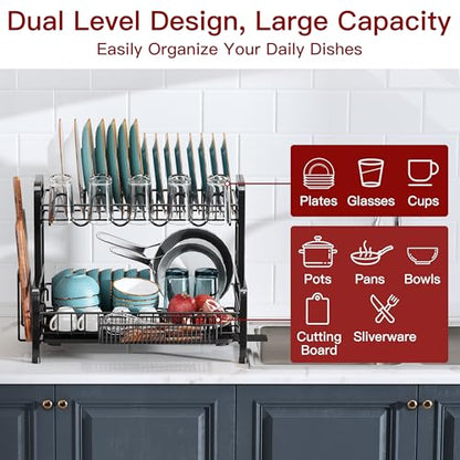 2 Tier Black Stainless Steel Dish Drying Rack for Kitchen Counter | Large Capacity Dish Drainer with Drainboard, Cup & Utensil Holder, Space Saving Rustproof Metal Plate Rack, Fast Drain