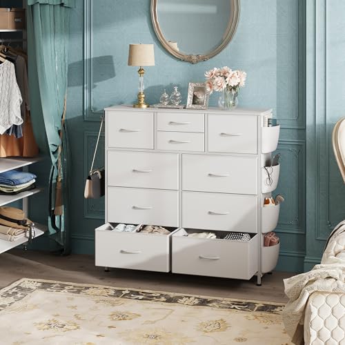 WLIVE 10 Drawer White Fabric Dresser for Bedroom, Side Pockets Chest | White Fabric chest of drawers with side pockets & hooks, perfect baby dresser for nursery kids bedroom toddler closet storage