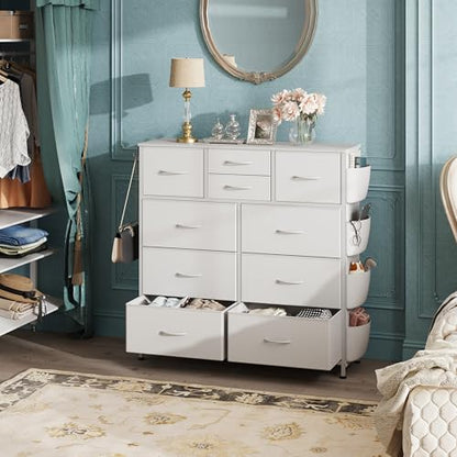 WLIVE 10 Drawer White Fabric Dresser for Bedroom, Side Pockets Chest | White Fabric chest of drawers with side pockets & hooks, perfect baby dresser for nursery kids bedroom toddler closet storage