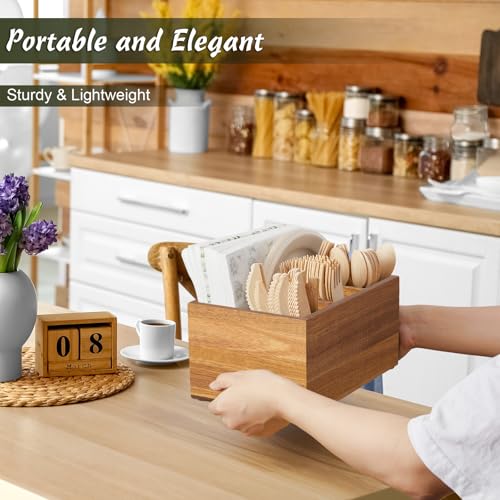 DRASTAR Utensil Caddy, Silverware Caddy for Party, Acacia Wood Silverware Holder, Silverware Organizer Countertop, Cutlery Storage Containers for Kitchen Table
