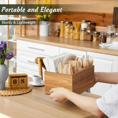 DRASTAR Utensil Caddy, Silverware Caddy for Party, Acacia Wood Silverware Holder, Silverware Organizer Countertop, Cutlery Storage Containers for Kitchen Table