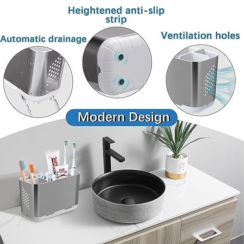 Electric Kids Toothbrush Holders for Bathrooms (Brushed Nickel Silver) | 5 Slots Toothbrush Organizer with Adjustable Dividers and Drainage, for Bathroom Countertop Organizer