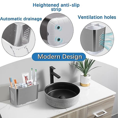 Electric Kids Toothbrush Holders for Bathrooms (Brushed Nickel Silver) | 5 Slots Toothbrush Organizer with Adjustable Dividers and Drainage, for Bathroom Countertop Organizer