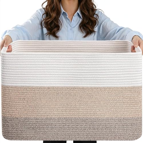 75L Large Woven Storage Basket, Cotton Rope Laundry Hamper with Handles, 22”x17”x12” Rectangle Blanket Basket for Toys, Clothes, Pillows, Nursery and Living Room, Gradient Brown/White