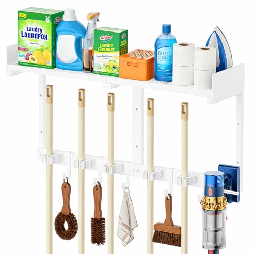 Broom Holder Wall Mount, 27" Mop and Broom Organiz... (White | Iron)
