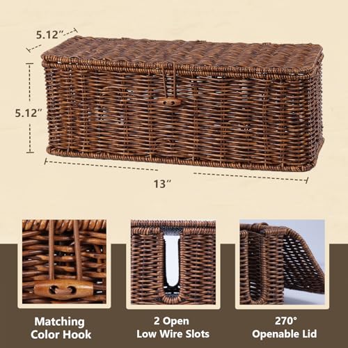 BROWNLILY Cable Management Box, Rattan Style Cord Organizer for Desk Cord Hider Outlet Covers for Power Strip TV PC Router Charger Under Desk Storage with Lockable Lid and Cable Ties