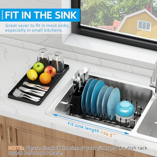 Sink Dish Drying Rack - Expandable Small Dish Rack Over Sinks with Silicone Drying Tray, Dish Drainer for Kitchen Counter with Cutlery Holder, Drying Rack Fit for 14’’-19’’ Kitchen Sink
