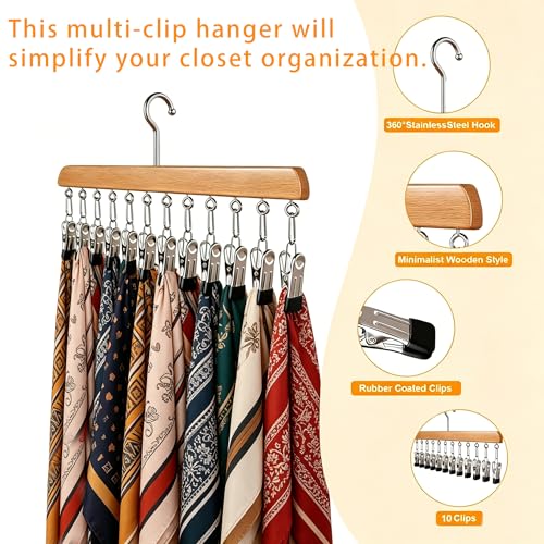 Closet Organizer with 10 Clips, 2 Pack Wooden Hanging Storage Hanger, Space Saving Multifunctional Rack for Ties, Scarves, Hats & Small Accessories