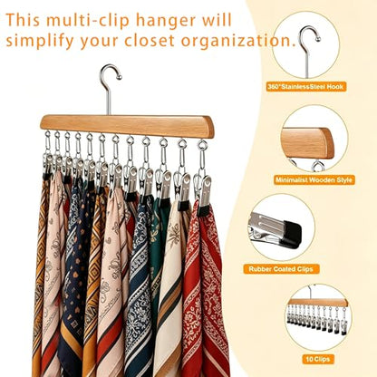 Closet Organizer with 10 Clips, 2 Pack Wooden Hanging Storage Hanger, Space Saving Multifunctional Rack for Ties, Scarves, Hats & Small Accessories