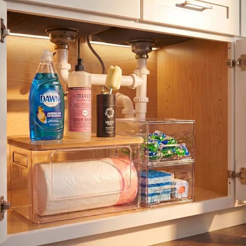Hudgan Under Sink Organizers 3 in 1, Stackable Acrylic Bathroom Storage, Trash Bag Dispenser and Dishwasher Pods Holder for Kitchen and Laundry Room Organization