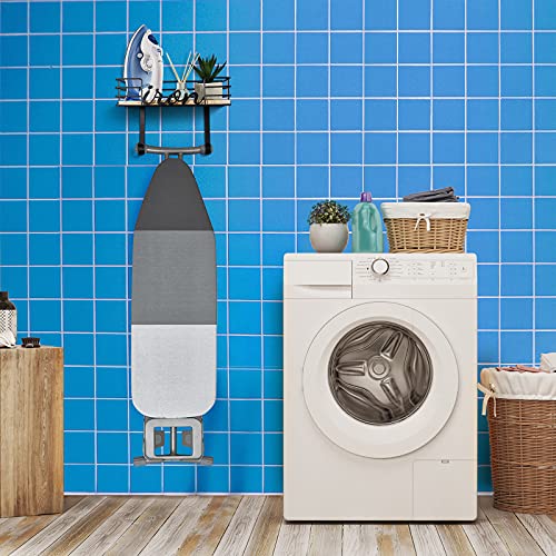 TJ.MOREE Hanger wall mount - Laundry Room Iron and ironing board Holder, Metal with Large Storage Wooden Base Basket and Removable Hooks (Black)