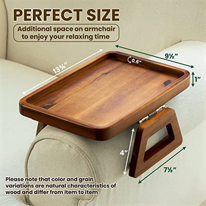 13.75" x 9.5" Acacia Couch Arm Table, Wooden Sofa Arm Tray, Armrest Table for Couch Wooden Sofa Armrest Tray, Clip-on Tray for Wide Couch - Side Table for Eating & Drink, Snack, Phone, Remote