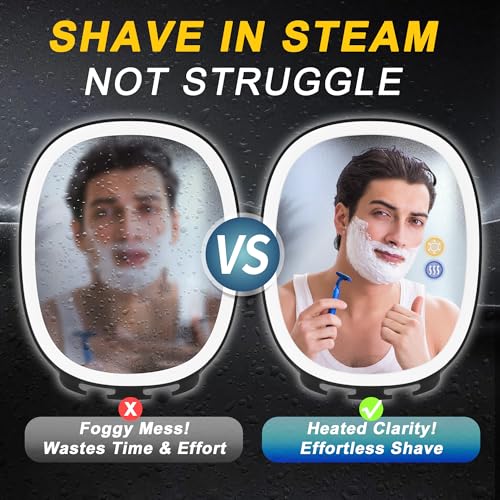 VOCOSTE Shower Mirror Fogless for Shaving with Light 360° Rotation, Black | Rechargeable Heated Anti-Fog Mirror, 3 Colors Lights, Dimmable Brightness, 14Days Runtime, 2 Razor Holders, No-drill Setup