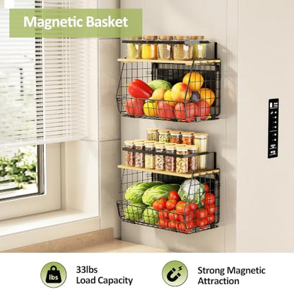 2 Pack Magnetic Shelf for Fridge, Fruit Potato Onion Storage Bins | Magnetic Basket with Lid, Side of Fridge Storage, Produce Basket for Fruits Vegetables Spices, Kitchen Pantry Organizer