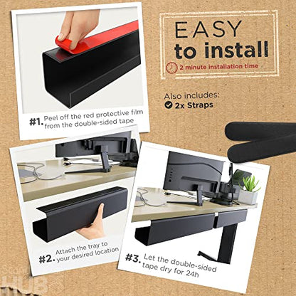 No-Screw Under Desk Cable Management Tray - Self-Adhesive Installation, Cord Management, Cable Tray, Under Desk Wire Organizer - Black Set of 2