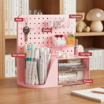 Comix Desk Organizer with 2 Drawer, Pink 360° Rotating Pen Holder for Desk | Desk Organizers and Accessories with 5 Slots Pencil Holder+Pegboard+Drawer, Pen Organizer for Home School Art Office Supplies