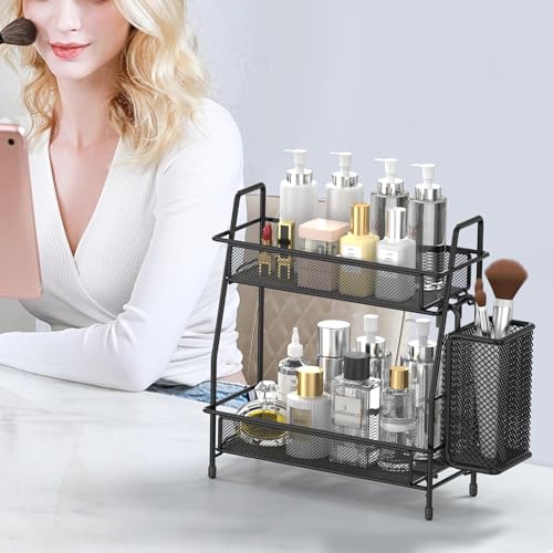 2-Tier Bathroom Countertop Organizer,Skincare, Makeup Countertop Organizers, Kitchen, Bathroom Counter Storage with Small Basket (Black)