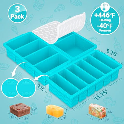 3-Pack Silicone Freezer Trays with Lid, Soup Freezer Container Molds | 2 Large 2-Cup, 4 Medium 1-Cup, 6 Small 1/2-Cup, BPA Free, Ice Cube Tray for Soup, Stews, Sauces, Meal Prep, Broth, Leftovers