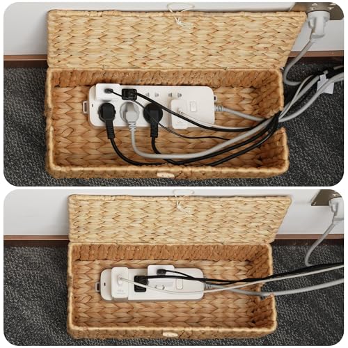 Cable Management Box with Lid, 2Pack Handwoven Real Water Hyacinth Cord Hider Organizer Boxes, 2 Side Open Slots Storage Box to Hide Cords Power Strip for Desk, Floor, Office
